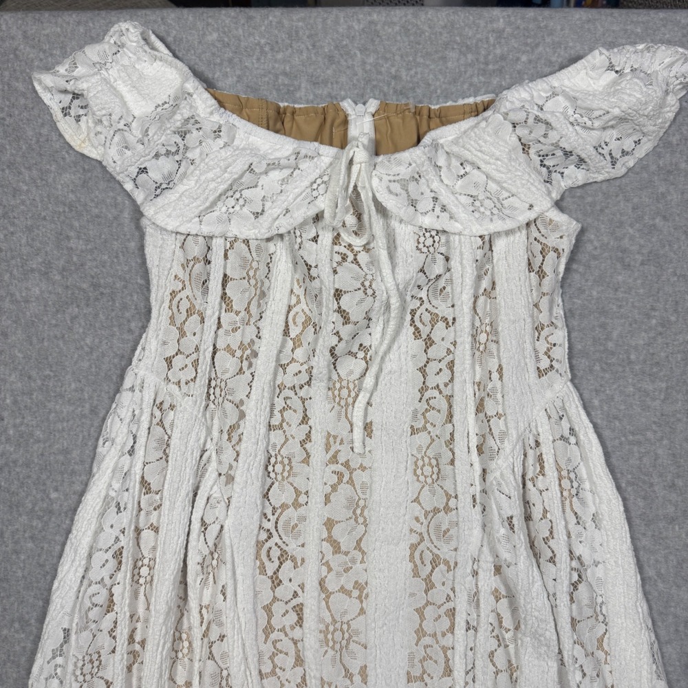 NEW Cider White Floral Lace Off The Shoulder Midi Dress Ruffle Tie Front L Boho - Picture 3 of 15